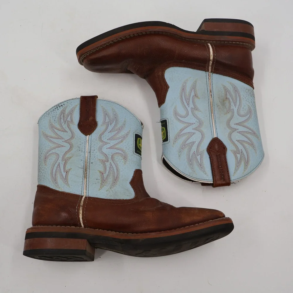 John Deere Western Cowboy Boots Boys Size 3M Brown Blue Leather JD2316